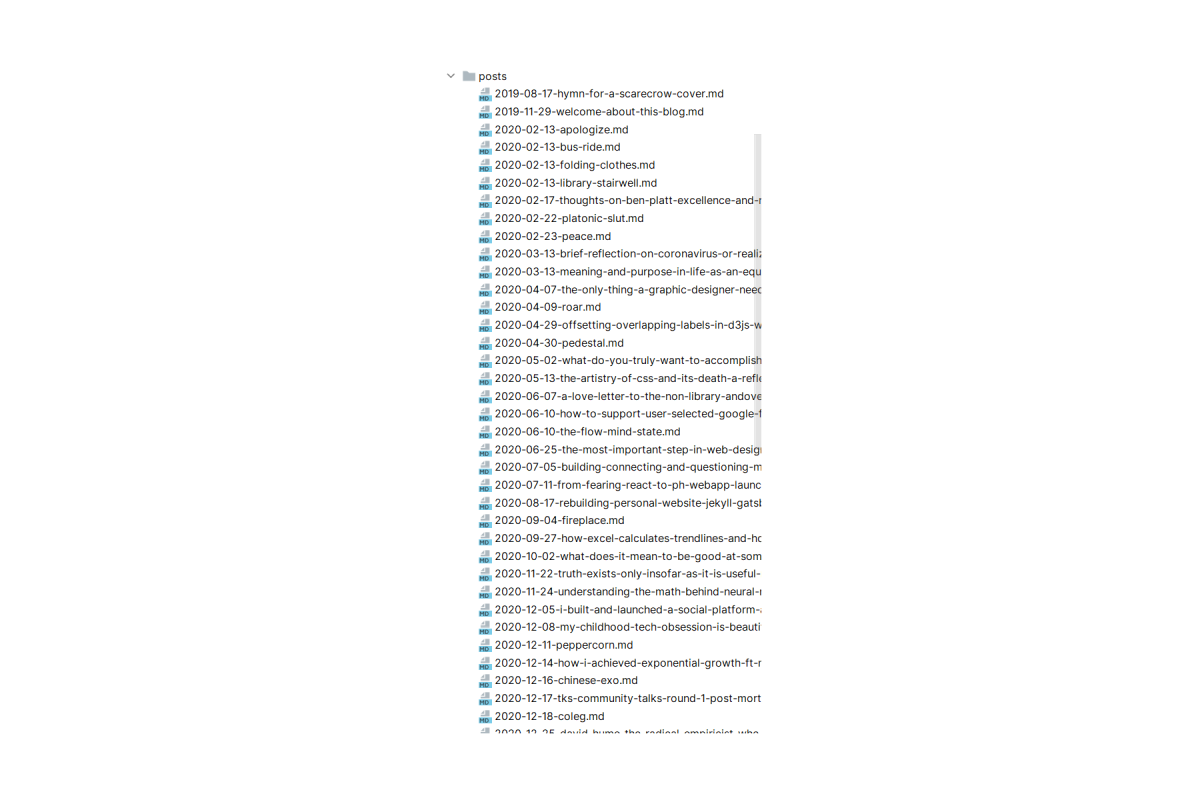 Screenshot of markdown files for blog posts