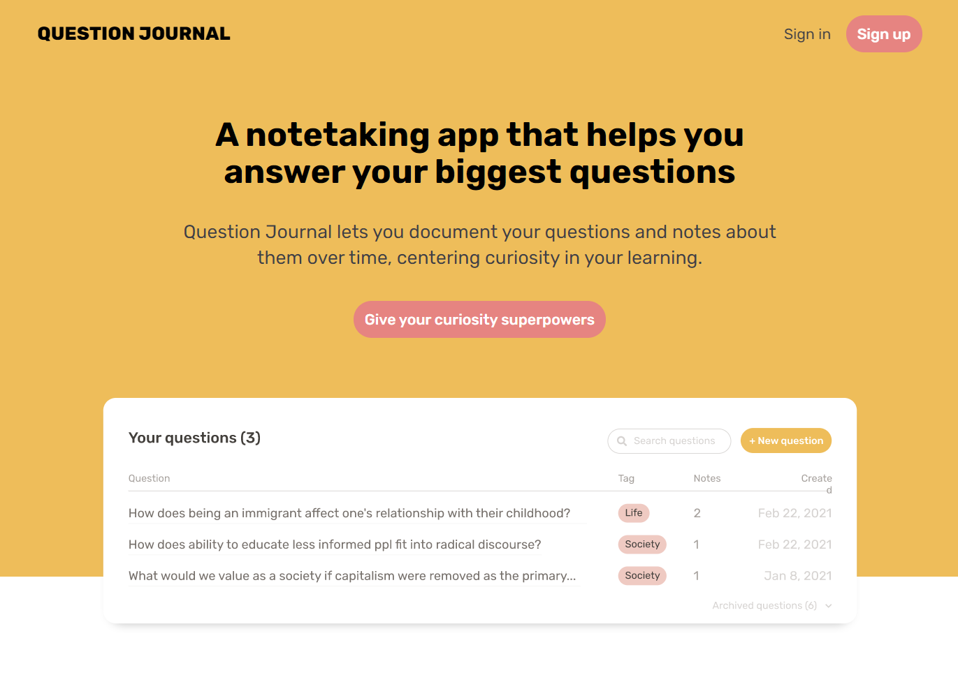 Screenshot for project Question Journal